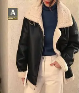 ANYOU 여성 겨울 양면 가죽 재킷 무스탕 캐주얼 스웨이드 페이크 퍼 숏 칼라넥 무스탕 자켓