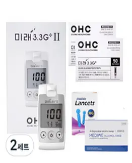 오상헬스케어 미래 3.3G 플러스 혈당측정기 + 시험지100매 + 침 110 + 솜 100매 혈당계 세트, 2세트