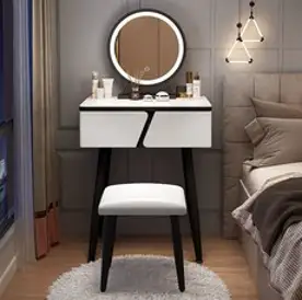 Montheria 현대적인 북유럽 화장대 LED 화장대 수납장 +네모난 의자 A598-09, 화이트LED 60cm의자 포함