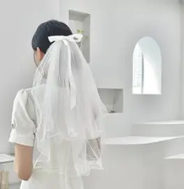 메리지엥 면사포 웨딩베일 셀프웨딩촬영 브라이덜샤워 소품, 1개, 2. 2단 리본레이스